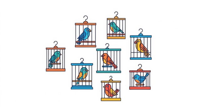 Illustration of various colorful birds in birdcages on white backdrop