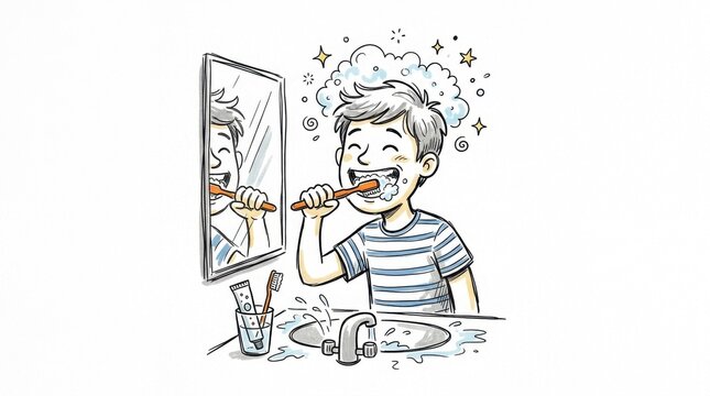 Boy brushing teeth in front of a mirror cartoon illustration