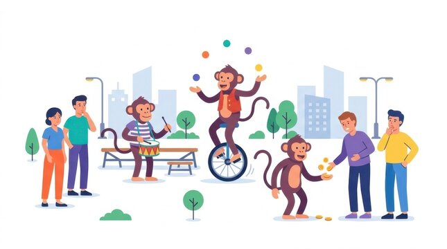 Monkeys performing circus street acts for people in a city park