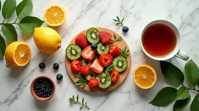 Top view of assorted fresh fruits including strawberries, kiwi, blueberries, lemon, and orange, served with a cup of tea on a marble table. Healthy and vibrant breakfast concept.