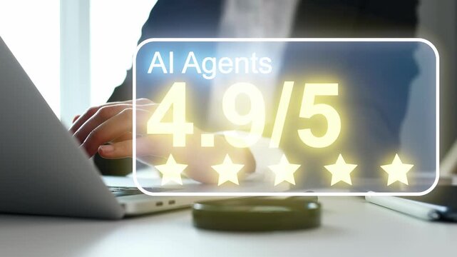 A person sits at a desk working on a laptop. A digital rating of 4.9 out of 5 stars for AI agents appears on the screen. Sunlight enters the room from a window.