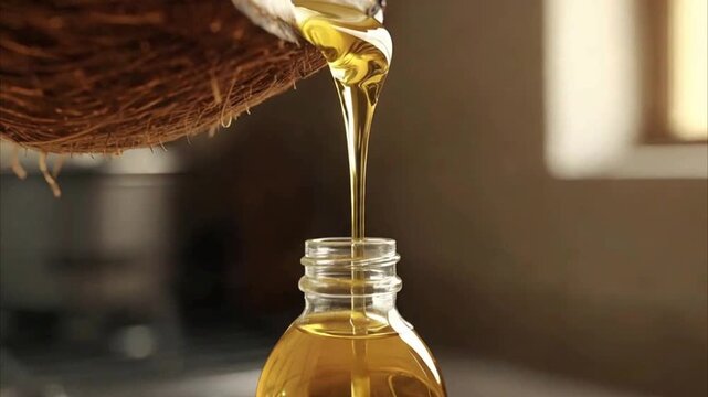 Traditional Coconut Oil Being Slowly Poured Into Clear Glass Bottle in Warm Rustic Kitchen
