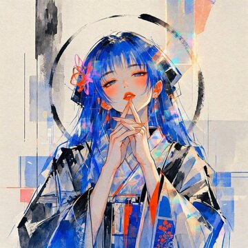 神秘的な青髪女性と和モダンの世界