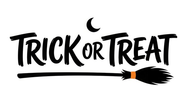 Trick or treat halloween handwritten text with witch broom