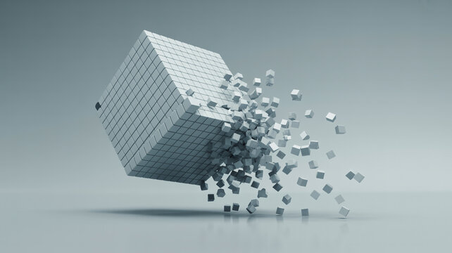 Abstract 3D Cube Breaking Apart into Floating Geometric Particles