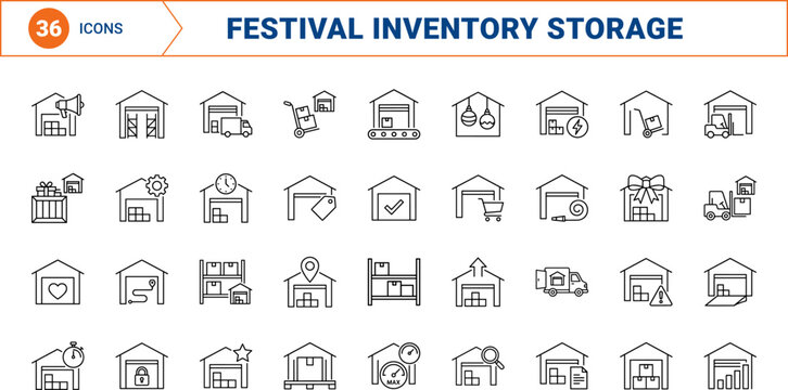 Warehouse Festival Stock Surge Web Icon Set in Linear Style. Collection of Storage Rush line icons, including inventory, logistics, fulfillment, shipping, capacity, supply chain.