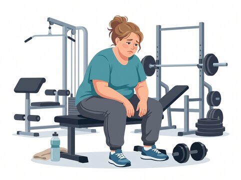Sad overweight woman with gym equipment vector illustration, vector isolated on white