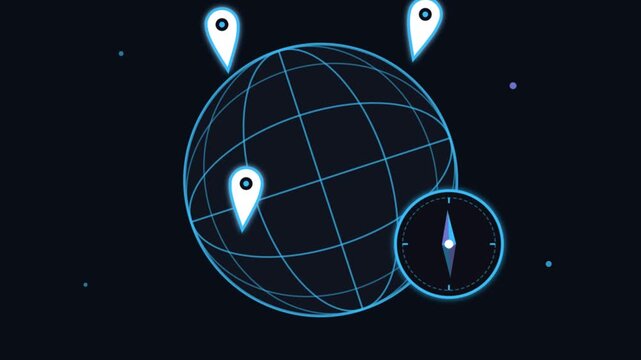 Global navigation concept animation showing digital wireframe globe with GPS location pins and a compass icon on dark background