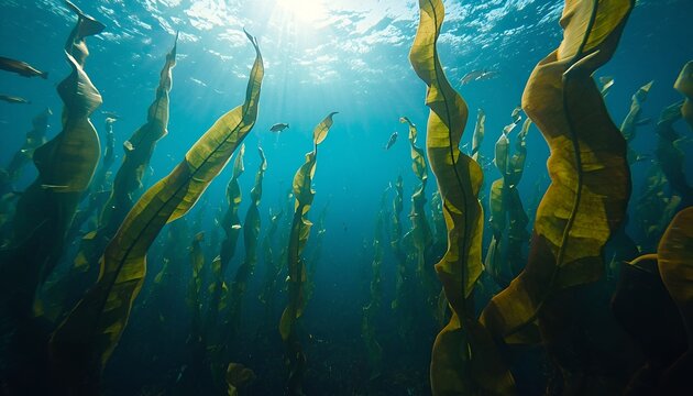 Underwater Kelp Forest with Sunlight and Fish in Clear Blue Ocean