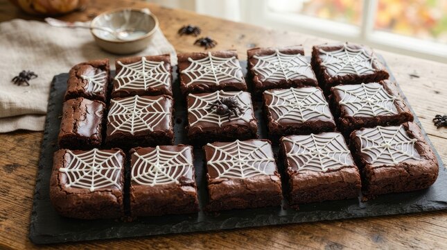Elegant chocolate brownies decorated with delicate spiderweb patterns on dark slate tray with each adorned precise white spiderweb design neatly arranged collection