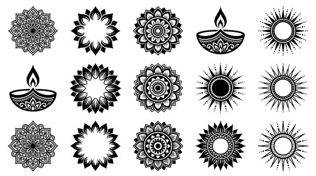 Set of diwali diya lotus diya diwali lamp diwali decoration hindu festival festival of lights traditional diya oil isolated on transparent background
