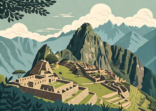 A painterly  textured illustration of the Machu Picchu citadel  nestled between the dramatic  cloud-shrouded Andes mountains