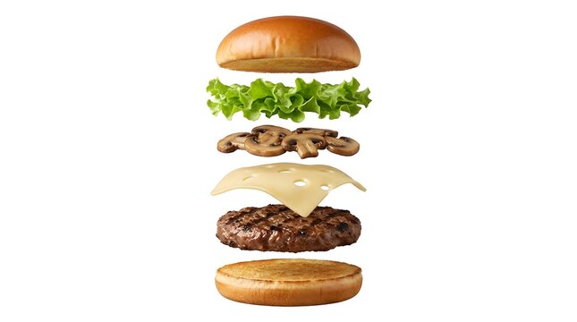 Gourmet mushroom Swiss cheese burger stacked with fresh lettuce and grilled patty in exploded view