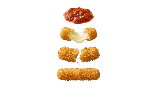 Golden fried mozzarella sticks stacked vertically with melted cheese pull on white background