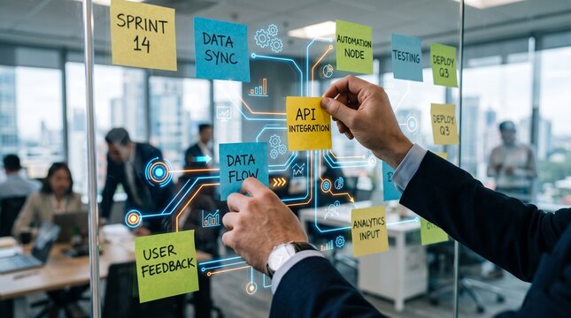 Professional business team planning strategy and project management for software development using agile methodology with sticky notes on glass wall and digital data flow interface overlays.