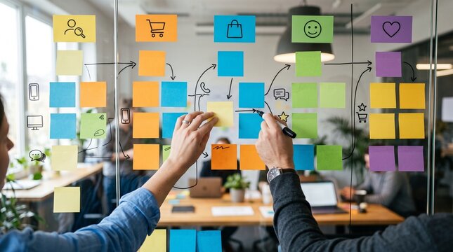 Professional business team planning strategy and project management through creative brainstorming session with sticky notes on glass board for agile workflow and teamwork development.