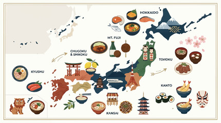 Obraz premium Illustrated map of Japan showcasing regional foods, landmarks, and cultural symbols across its islands and prefectures.