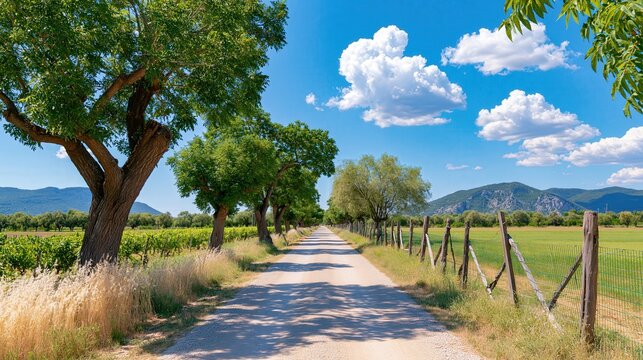 A rural dirt road lined with trees leads towards distant mountains under a bright blue sky.