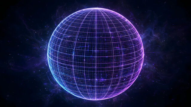 Glowing digital sphere with neon grid on dark cosmic background