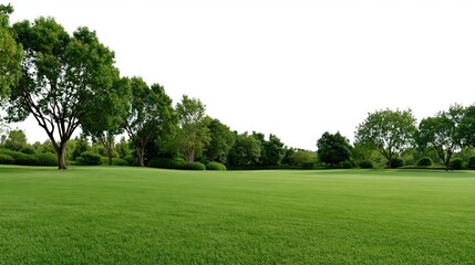 Fototapeta premium Lush green lawn and mature trees create a serene landscape under a bright sky.