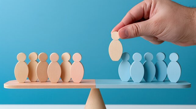 A persons hand selects one wooden figure from a group balanced on a seesaw.