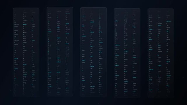 dynamic motion background featuring vertical panels scrolling continuous lines of programming source code, functions, and syntax against a dark digital environment.