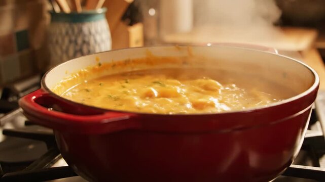 Steaming hot vegetable soup simmering in a vibrant red Dutch oven on a kitchen stove, comfort food preparation and healthy cooking concepts