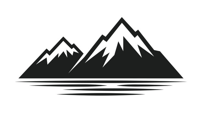 Minimalist black and white mountain vector illustration featuring jagged snowy peaks reflected in calm water for outdoor adventure branding and logo design projects on white background