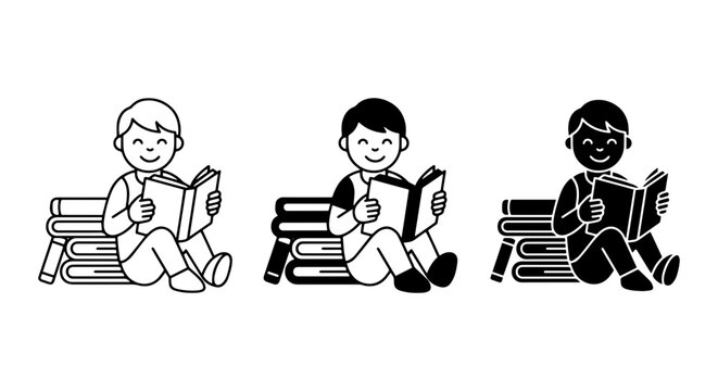 Children Reading Books, Educational Icons Set, Learning and Knowledge Vector Graphics