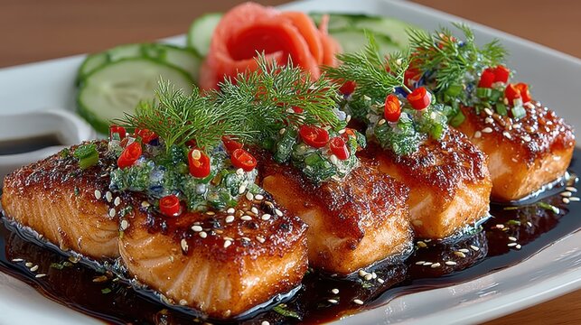 Deliciously Glazed Salmon Fillets Garnished with Fresh Herbs and Vegetables on a Gourmet Plate