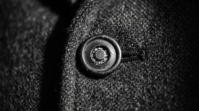 Close-up of a single button on a dark, textured fabric, highlighting the intricate details and shadows.
