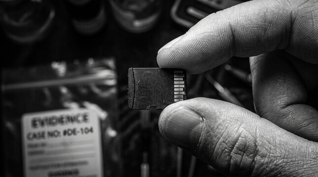 Forensic expert holding a micro SD card as digital evidence in a crime investigation.
