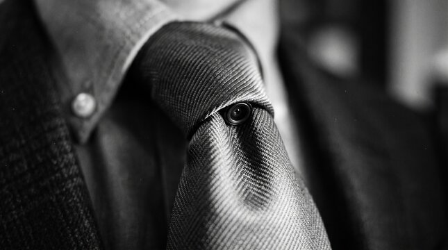 Close-up of a Mans Tie and Collared Shirt in Black and White.