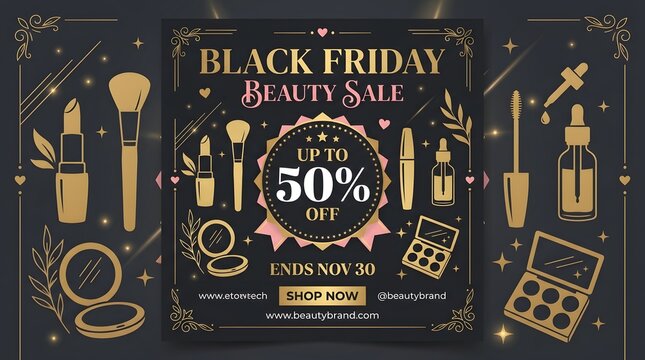 Black Friday Beauty Sale Banner with Golden Cosmetic Icons and Discount Offer