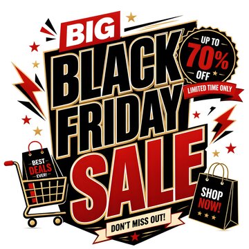 Big Black Friday Sale promotional banner with shopping cart and bags on white background