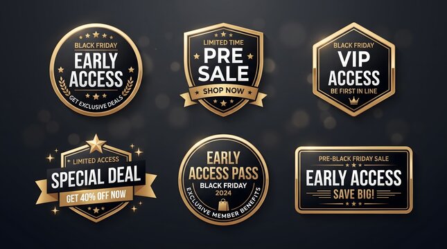 Set of luxury gold and black badges for early access and special sales promotions