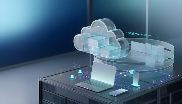 A photorealistic 3D rendering depicting a glowing glass cloud connected to server racks and a laptop on a high-tech platform, visualizing cloud computing and cybersecurity