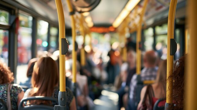 Numerous passengers are visible inside a moving vehicle during daylight.