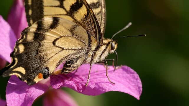 A beautiful yellow and black butterfly with intricate wing patterns resting on a vibrant pink flower in natural sunlight.