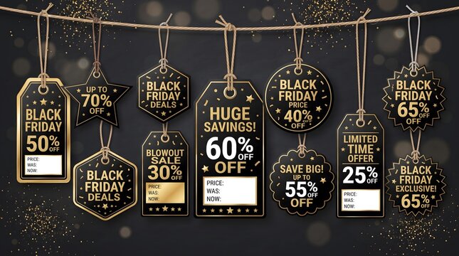 Black Friday sale tags with discount percentages hanging on a rope against dark background