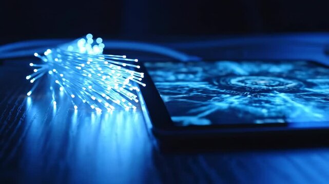 Glowing fiber optic cables connecting to a digital tablet displaying data analysis, fast internet connection, high speed telecommunications, cyberspace and network security