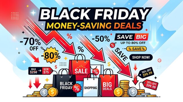 Black Friday Sale Banner with Shopping Bags and Discount Percentages for Retail Marketing