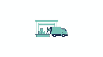 Fototapeta premium Green delivery truck with warehouse and workers illustration.