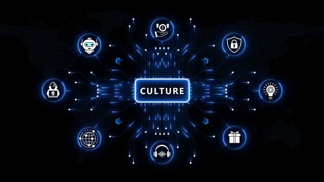 Culture corporate framework visual layout displaying glowing radial tech icons and neon blue light rays set on a dark world map background scene.