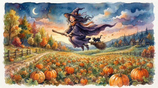 Whimsical witch floating over autumnal pumpkin field with black cat companion with depicts joyful witch flying above vibrant autumn landscape filled pumpkins