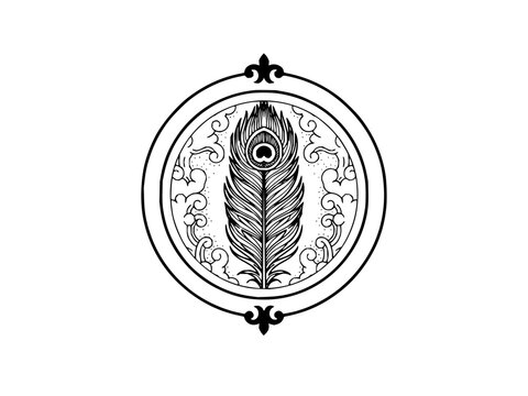 Centered peacock feather within a decorative circular border featuring stylized clouds and fleur-de-lis accents at the top and bottom in black and white ink