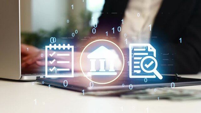 A person works at a desk using a laptop. Digital icons appear showing a checklist, a bank symbol, and a document. The scene takes place in an office setting.