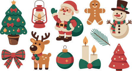 Fototapeta premium Cute Christmas character vector set with Santa Claus reindeer snowman gingerbread man and decorated tree on white background