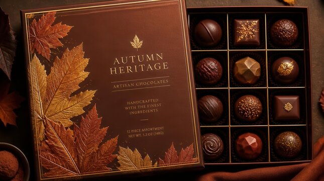 Artisan Chocolate Assortment: A beautifully crafted box, adorned with autumnal maple leaves, reveals an exquisite collection of assorted artisan chocolates, ready to be savored.