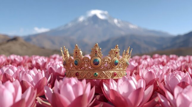 Majestic golden crown adorned with gemstones resting on vibrant pink floral landscape with snowy
